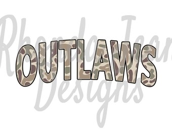Old School Camo Outlaws All Caps PNG, mascotte, team, shirt spirit, digitaal bestand, jongens heren T-shirt ontwerp, sublimatie ontwerp