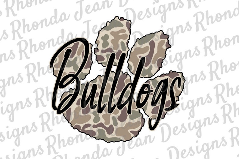 May include: A camouflage paw print with the word "Bulldogs" written in black cursive.