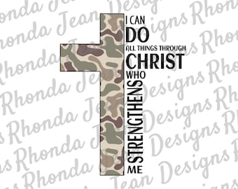 Old School Camo Cross PNG, ich kann alles durch Christus tun, der mich stärkt, digitales T-Shirt-Design, 3 Farben Schrift