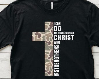 Old School Camo Cross PNG, I can do all things through Christ who strengthens me, Digital T-shirt Design, white lettering