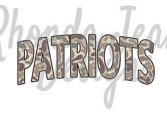 May include: The word "PATRIOTS" in large, bold letters with a camouflage pattern in shades of brown, green, and beige.