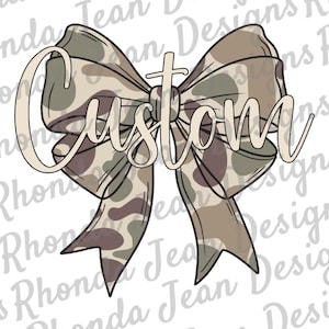 May include: A camouflage patterned bow with the word "Custom" written in a beige script font.