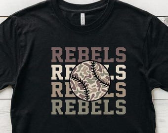 Rebels PNG, Old School Camo Baseball, Mascot, Team, School Spirit Shirt, Digital Download, Boys Mens T-shirt Design