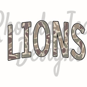 May include: The word "LIONS" in black outlined letters with a camouflage pattern inside the letters.