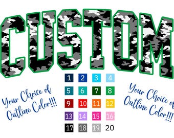 Custom Outline Color PNG, Black and Gray Camouflage, Varsity Style Letters Personalized Name or Mascot, Digital Download, T-shirt Design