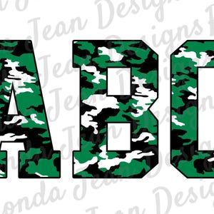 May include: The letters "ABC" are displayed in a bold, blocky font. Each letter is filled with a green, black, and white camouflage pattern. The letters are outlined in black, creating a strong contrast against the white background.