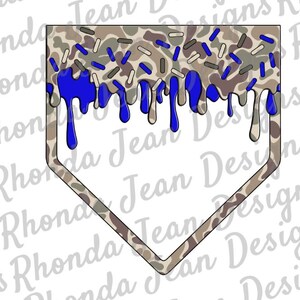 May include: A baseball home plate design with a camouflage pattern and blue dripping paint. The top of the plate is decorated with blue and brown sprinkles. The design is a digital illustration.