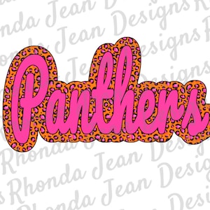 panthers, Pink Letters, Orange Cheetah Leopard Print, PNG, Mascot, Team, School Spirit T-Shirt Design, Digital File