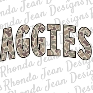 May include: The word "AGGIES" in white letters with a camouflage pattern. The letters are outlined in black.