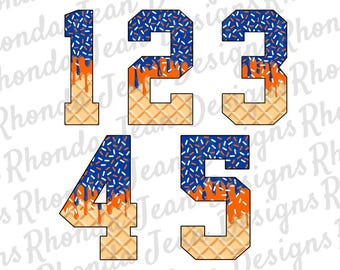 Drip Numbers Set PNG, Orange and Blue Ice Cream Drip, 0 - 9, Jersey Numbers
