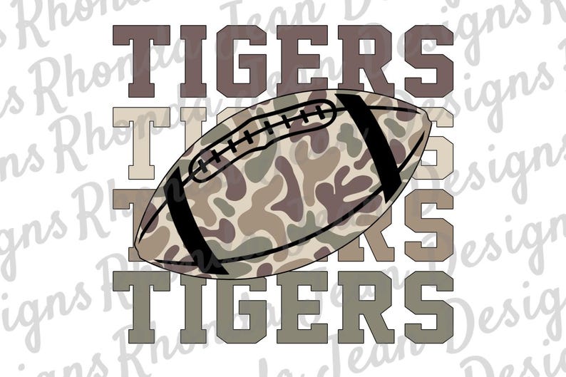 May include: A football with a camouflage pattern in shades of brown, tan, and green, set against the word "TIGERS" in a stacked design. The text is in a blocky font, with the word repeated in different shades.
