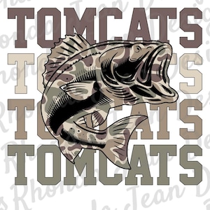 May include: A graphic design featuring a fish with a camouflage pattern, leaping upwards. The word "TOMCATS" is stacked in a block letter font in shades of brown and tan, creating a layered effect. The design is on a white background.