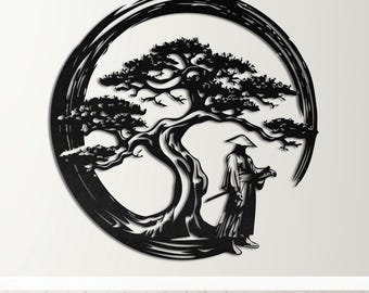Samurai unter Bonsai-Baum-Metallwandkunst, japanisches Zen-Dekor, Krieger-Silhouette-Design, asiatischer Hauptakzent, Meditationsgeschenk