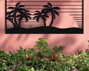 May include: Black metal wall art featuring a tropical beach scene. The artwork depicts palm trees, a sandy shore, and a setting sun, all within a rectangular frame. The design is a silhouette, creating a striking contrast against the background.