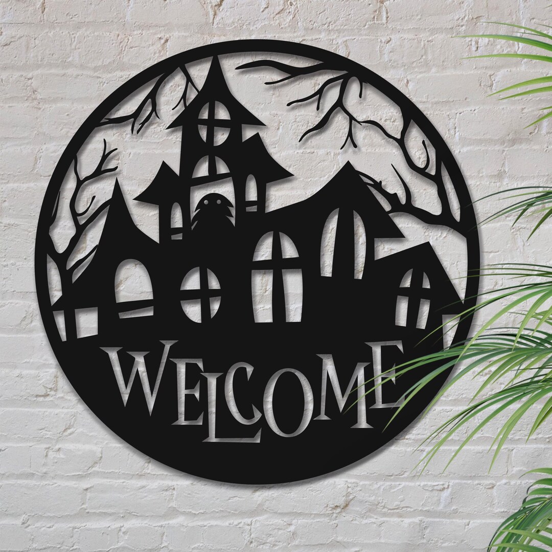 Spooky Haunted House Welcome Metal Sign, Halloween Wall Decor - Etsy