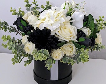 Black and Cream Hat Box Silk Flowers Hamper