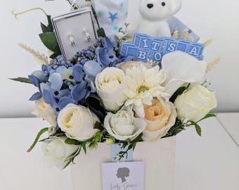 New Baby Boy Box of Joy - Silk Flowers & Earrings Gift Hamper