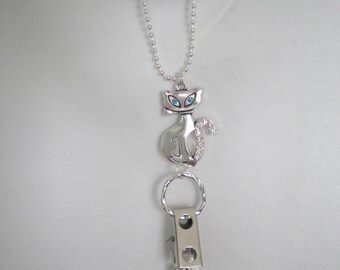 GRAY CAT KITTEN CAT LOVERS LANYARD ID BADGE HOLDER STAINLESS STEEL CHAIN