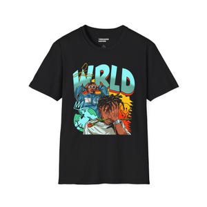 May include: Black t-shirt with a graphic print of a cartoon rapper with the word "WRLD" in blue and green letters.