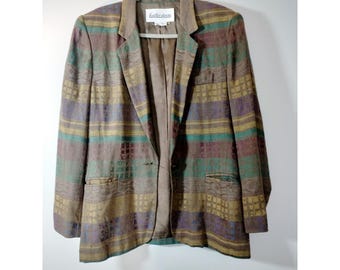 Vintage Heather Stevens Woven Tapestry Blazer Jacket Brown & Teal
