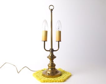 Vintage Brass Plated Dual Bulb Table Lamp, Stained Glass or Fabric Shades