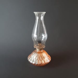 Carnival Glass Oil Lamp With Beaded Clear Lamp Shade Chimney Working Condition