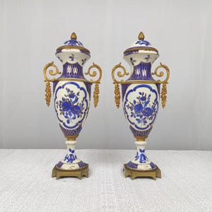 FBS Sevres Style Blue Cobalt Porcelain And Gilt Vase Urn Luis XVI Style Hand Painted Made In France Paris