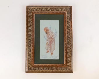 Vintage Persian Composite Sketch With Khatamkari Inlaid Frame Man With Books