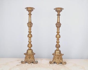 Ornate Solid Brass Candlestick Holders Pair, 25" Tall, Gothic Fireplace Decor