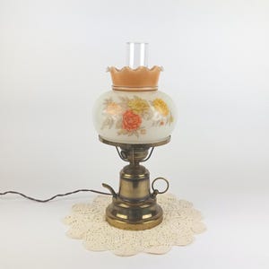 Unique Tea Pot Lamp With Vintage Floral Glass Shade And Clear Glass Chimney