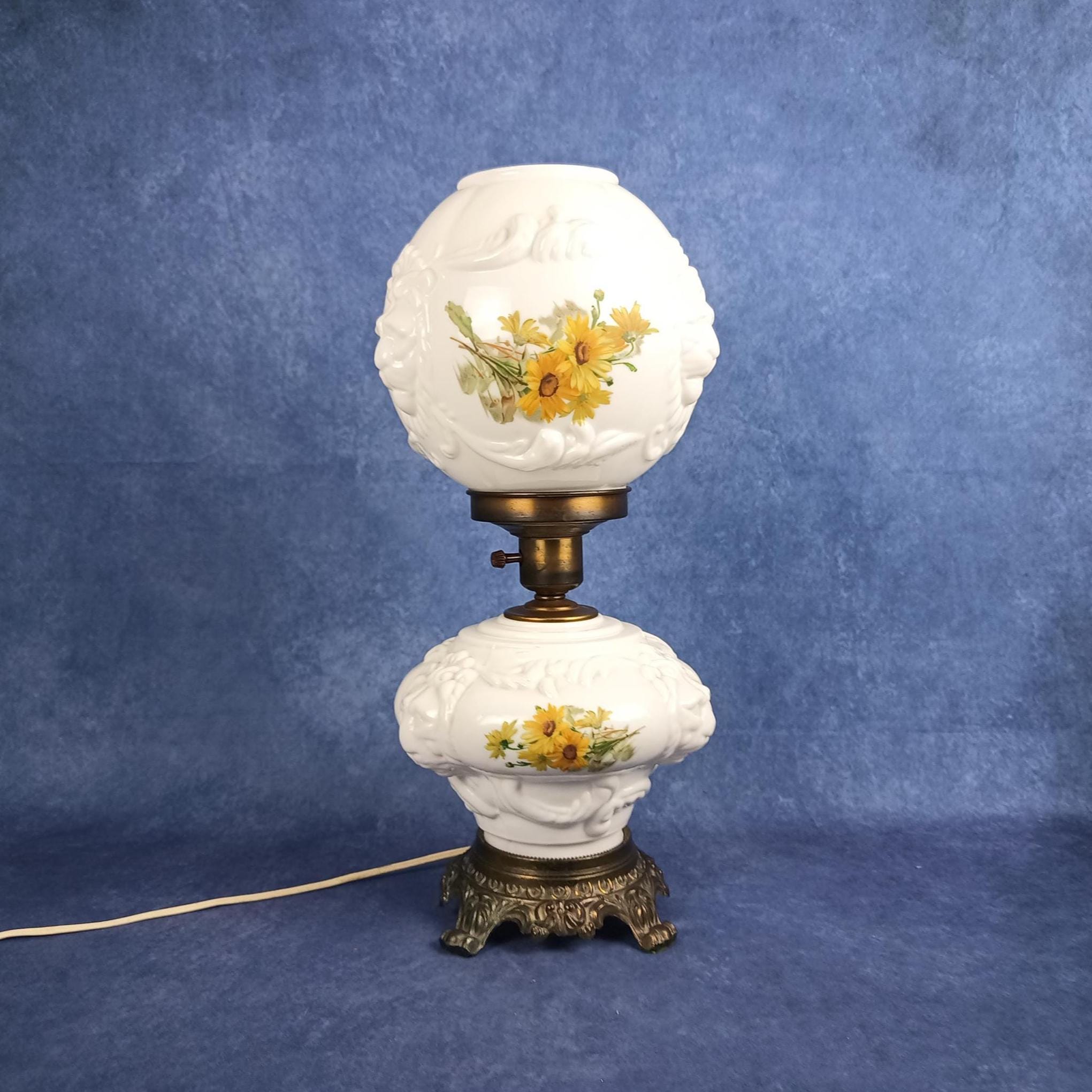 HEDCO Milk Glass Hurricane Lamp, Lion Head, Yellow Flowers, 1960s