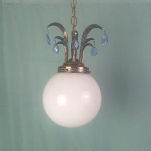 Vintage MCM Milk Glass Pendant Globe with Brass Tone Leaves and Blue Crystals