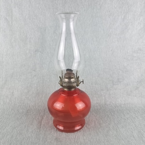 Unique Vintage Candy Red Oil Lamp With Clear Glass Chimney Fully Functional
