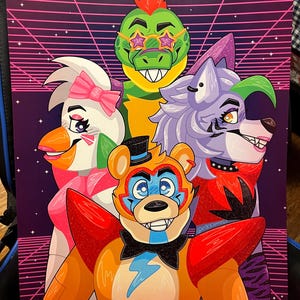 May include: A digital illustration of four cartoon characters in a retro 80s style. The characters are a yellow and green dinosaur wearing sunglasses, a white bird with a pink bow, a purple wolf with a red and black outfit, and a yellow and orange bear with a blue face and a lightning bolt on its chest.
