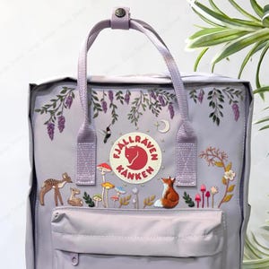 Fjällräven Kanken Stickerei Pilz, Fuchs bestickter Rucksack, Rehkitz bestickt, Waldtier Rucksack, Blumen Stickerei, Lavendeldunst