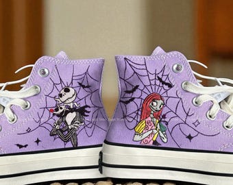 Jack en Sally geborduurde Converse, aangepaste Halloween-borduursneakers, aangepaste Nightmare Christmas Converse Hi Tops, Jack Skellington Zero