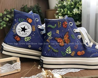 Monarch Converse, aangepaste insecten handgeborduurde Converse, Converse hoge toppen Bugs Life, sneakers foeragerende insecten, gepersonaliseerd botanisch