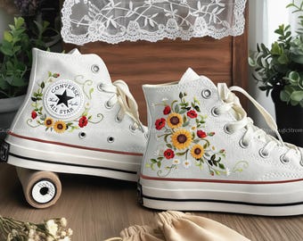 Converse con estampado de girasoles y amapolas, Converse personalizadas con diseño floral de jardín, Converse de caña alta bordadas con flores silvestres, zapatillas de boda para la novia, girasoles nupciales