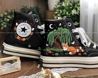 Red Fox under Willow Tree Converse, Custom Fox Anniversary Couple Converse HiTop, Wildflife Animals Converse Chuck Taylor 1970, Night Garden