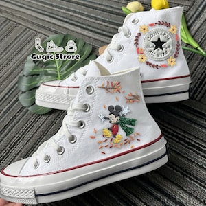 Autumn Mouse Embroidered Converse, Fall Vibe Embroidery Sneakers, Custom Cartoon Converse, Cartoon Character Embroidery, Handmade Shoes