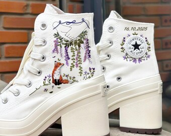 Handfasting Embroidered Converse High Heels, Hand Embroidery Wedding Converse, Woodland Fox Embroidered Converse, Deadly Nightshade Sneakers