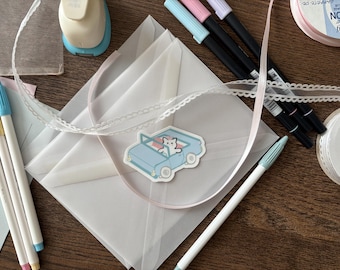 Cute Girl Kitty Cat in Blue Car Vintage Die Cut Sticker