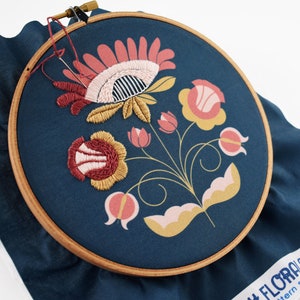 Beginner Embroidery Kit Floral Embroidery Kit Modern Embroidery Design Pre-Stamped Pattern FLOSSY FLORALS DIY Embroidery Navy Background