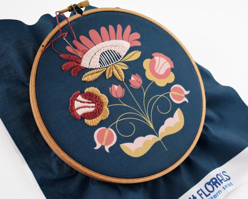 Beginner Embroidery Kit Floral Embroidery Kit Modern Embroidery Design Pre-Stamped Pattern FLOSSY FLORALS DIY Embroidery Navy Background