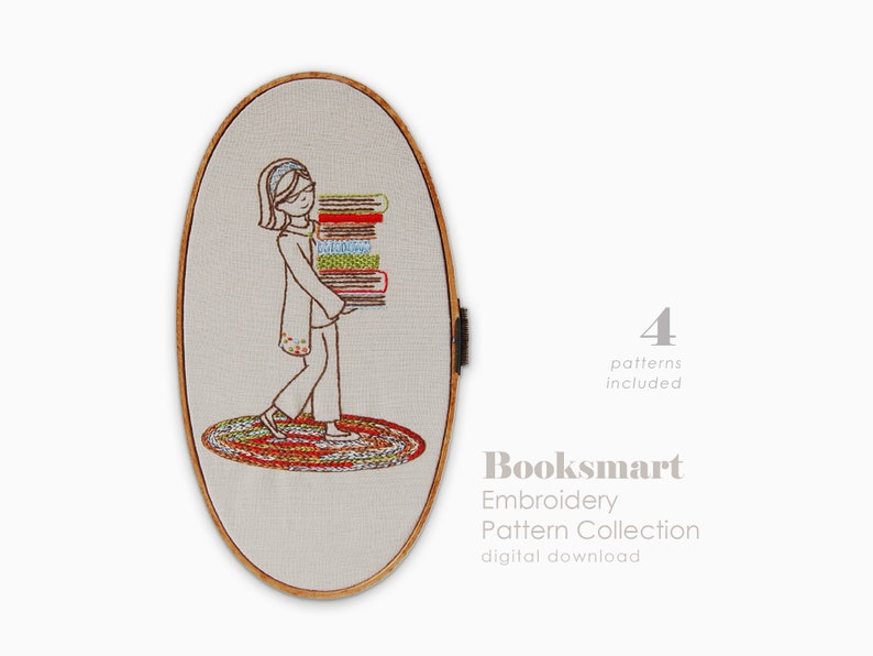 Embroidery Pattern for Book lovers, reading library books embroidery