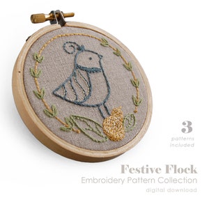 Holiday Birds Embroidery Patterns | Christmas Birds Hand Embroidery Designs | FESTIVE FLOCK | Partridge | Cardinal | Dove | PDF