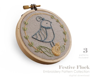 Holiday Birds Embroidery Patterns | Christmas Birds Hand Embroidery Designs | FESTIVE FLOCK | Partridge | Cardinal | Dove | PDF