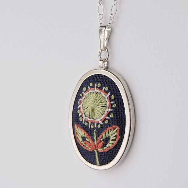 Embroidered Pendant Necklace Celery Spiral Bloom on Navy Blue Linen