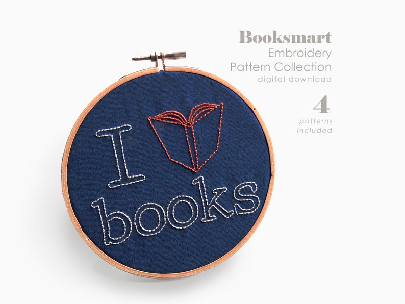 Embroidery patterns books and reading book lovers library pattern