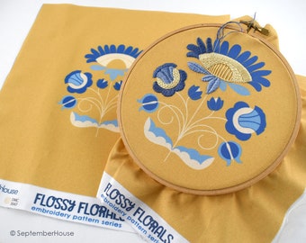 Embroidery Kit | Hand Embroidery | Pre-Printed Pattern | Beginner Embroidery Kit | FLOSSY FLORALS PATTERNS  | Embroidery Fabric